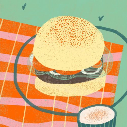 Illustration of a burger and drink on checkered cloth by Gina Rosas Moncada