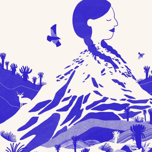 Woman merged with mountain and nature landscape with animals and birds