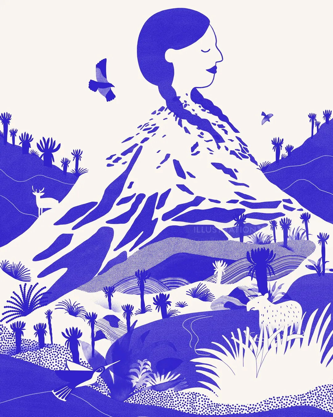 Woman merged with mountain and nature landscape with animals and birds