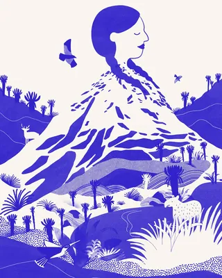Woman merged with mountain and nature landscape with animals and birds