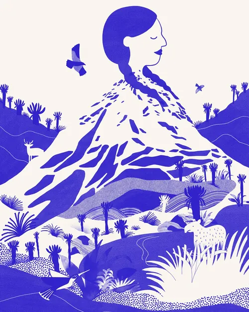 Woman merged with mountain and nature landscape with animals and birds