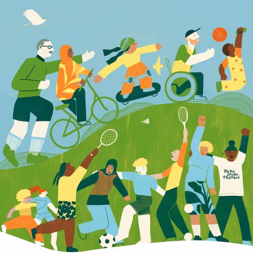 People playing sports like basketball, biking, soccer, and tennis outdoors