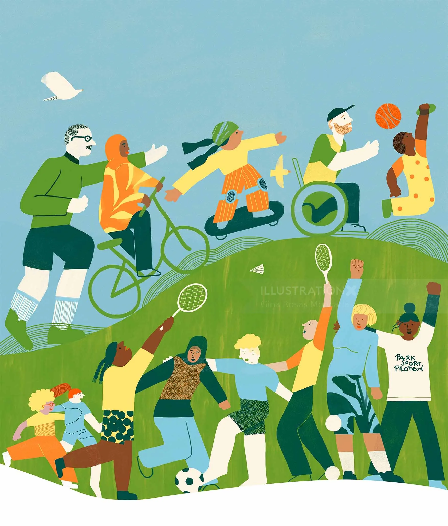 People playing sports like basketball, biking, soccer, and tennis outdoors