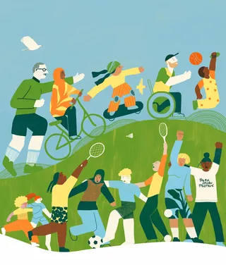 People playing sports like basketball, biking, soccer, and tennis outdoors