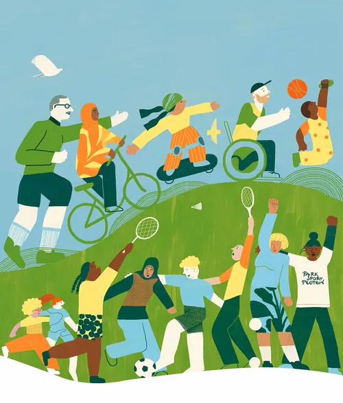 People playing sports like basketball, biking, soccer, and tennis outdoors