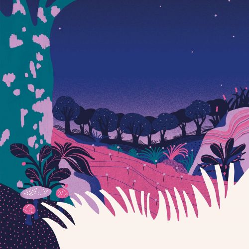 Colorful surreal tree and plants at night with stars in the sky