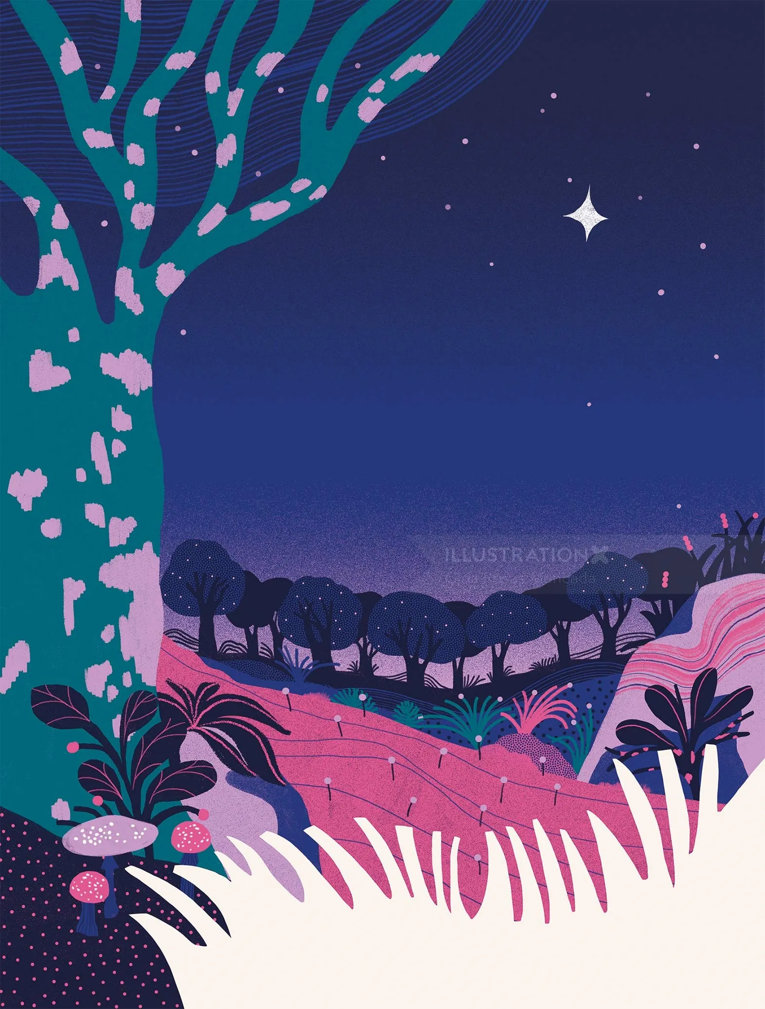 Colorful surreal tree and plants at night with stars in the sky