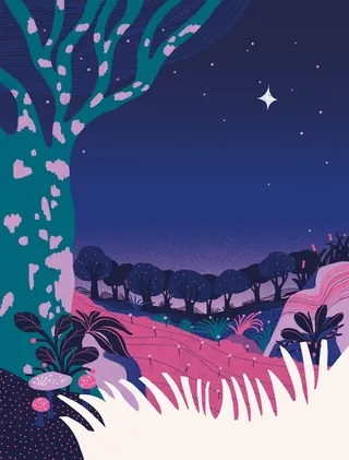 Colorful surreal tree and plants at night with stars in the sky