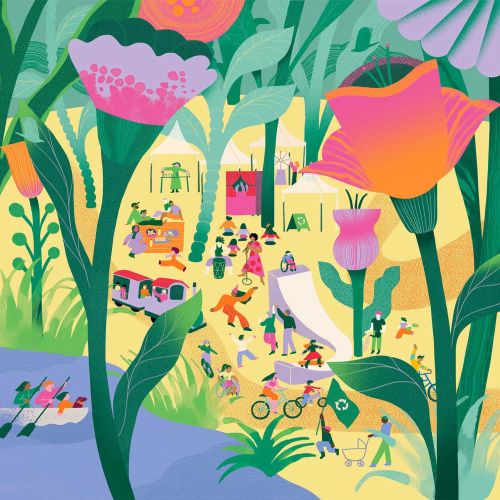 Illustration of people walking, cycling, and rowing boats among huge flowers.