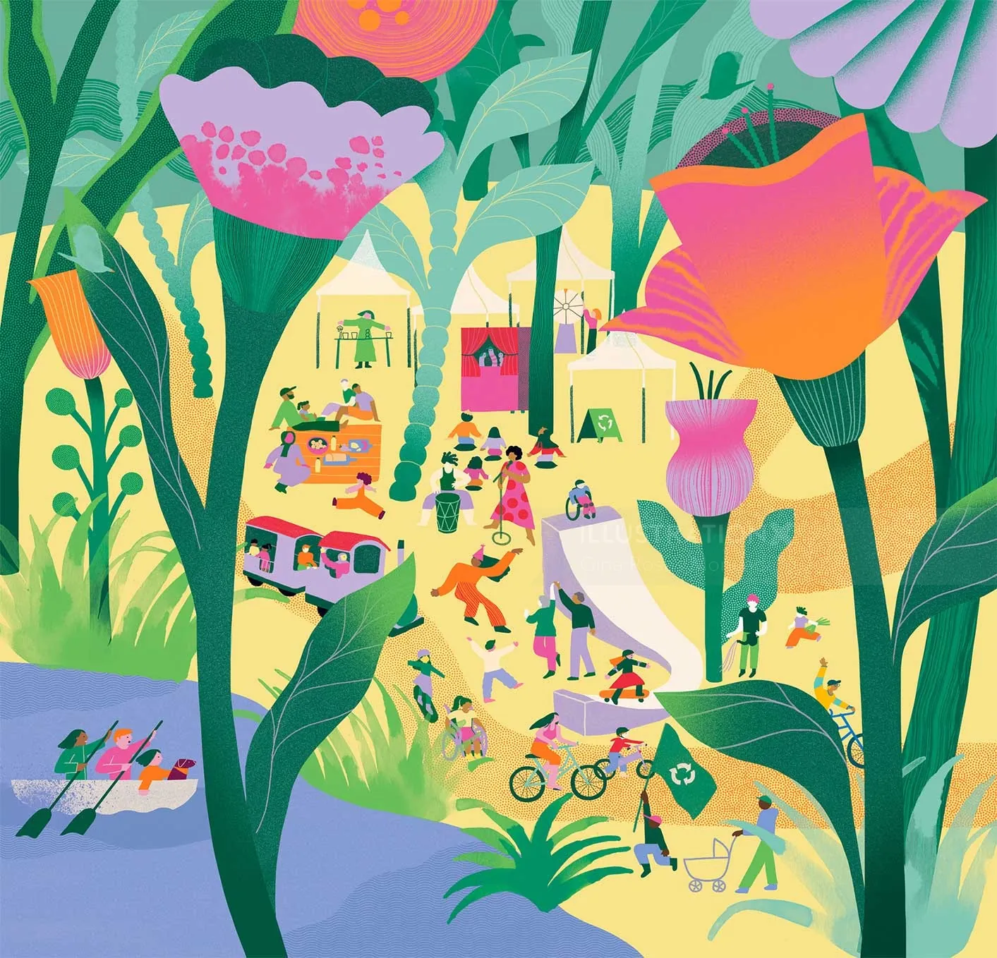 Illustration of people walking, cycling, and rowing boats among huge flowers.