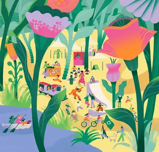 Illustration of people walking, cycling, and rowing boats among huge flowers.