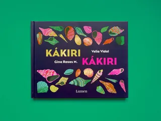 Book cover with colorful fruits and leaves illustrations titled Kákiri