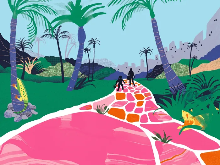 Colorful tropical path with two people walking under palm trees