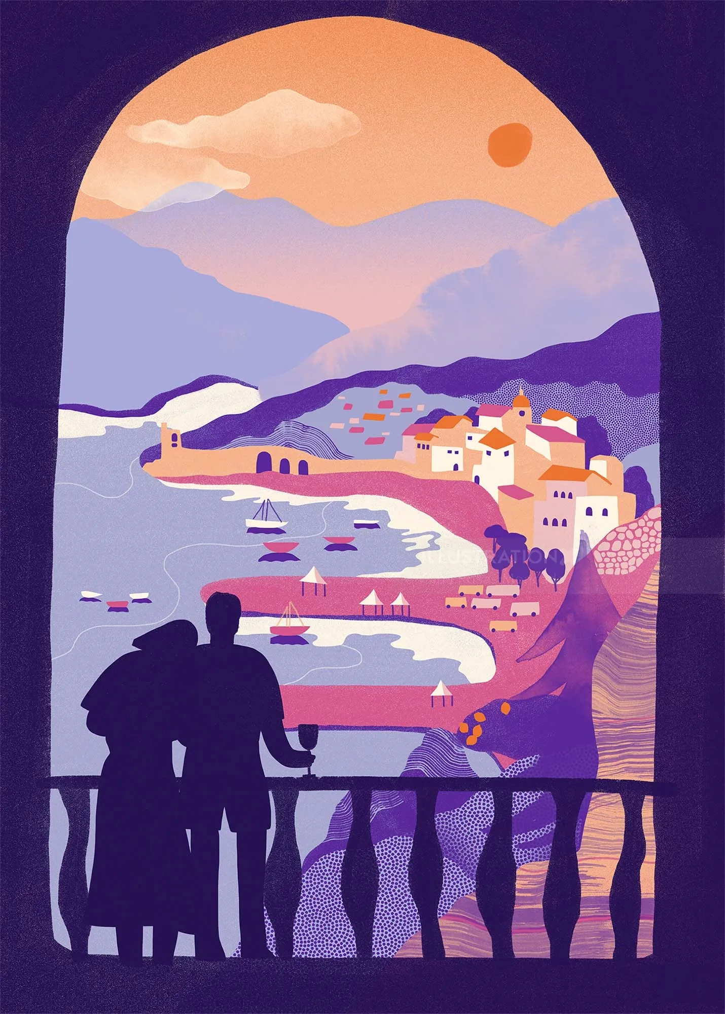 Silhouetted couple overlooking coastal village at sunset by Gina Rosas Moncada
