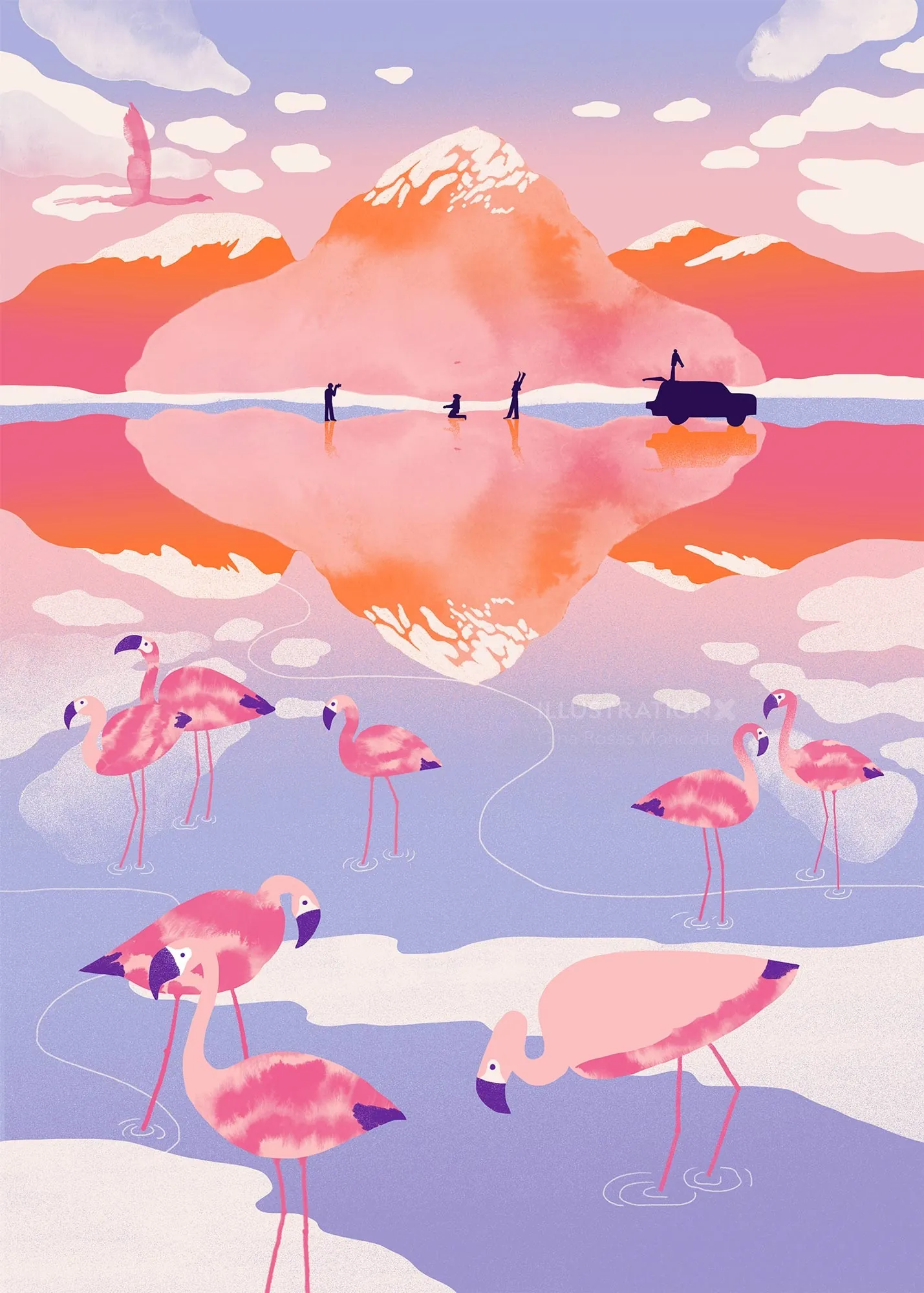 Pink flamingos near a calm mountain lake with reflections by Gina Rosas Moncada