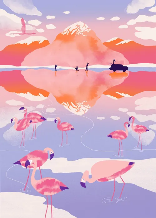 Pink flamingos near a calm mountain lake with reflections by Gina Rosas Moncada