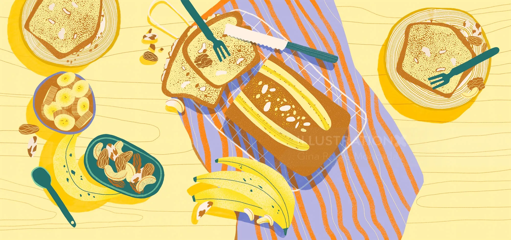Top-down view of breakfast with bread, bananas, and plates by Gina Rosas Moncada