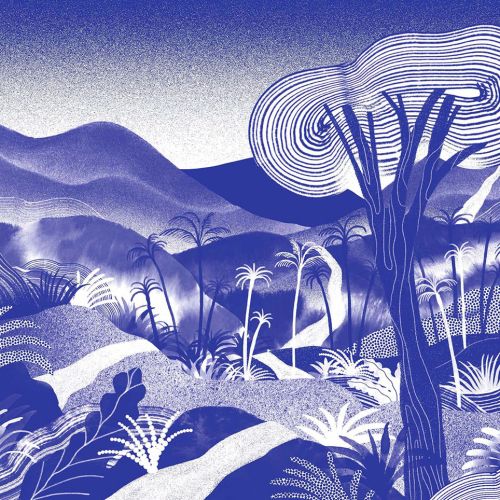 Blue monochrome mountain landscape with trees and plants by Gina Rosas Moncada