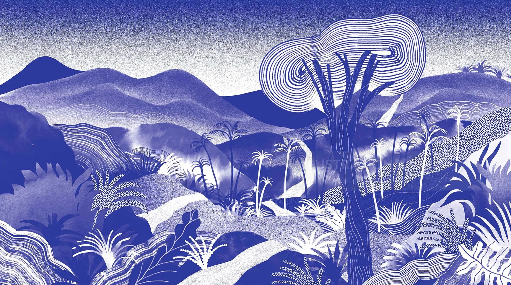 Blue monochrome mountain landscape with trees and plants by Gina Rosas Moncada