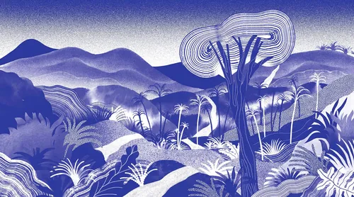 Blue monochrome mountain landscape with trees and plants by Gina Rosas Moncada