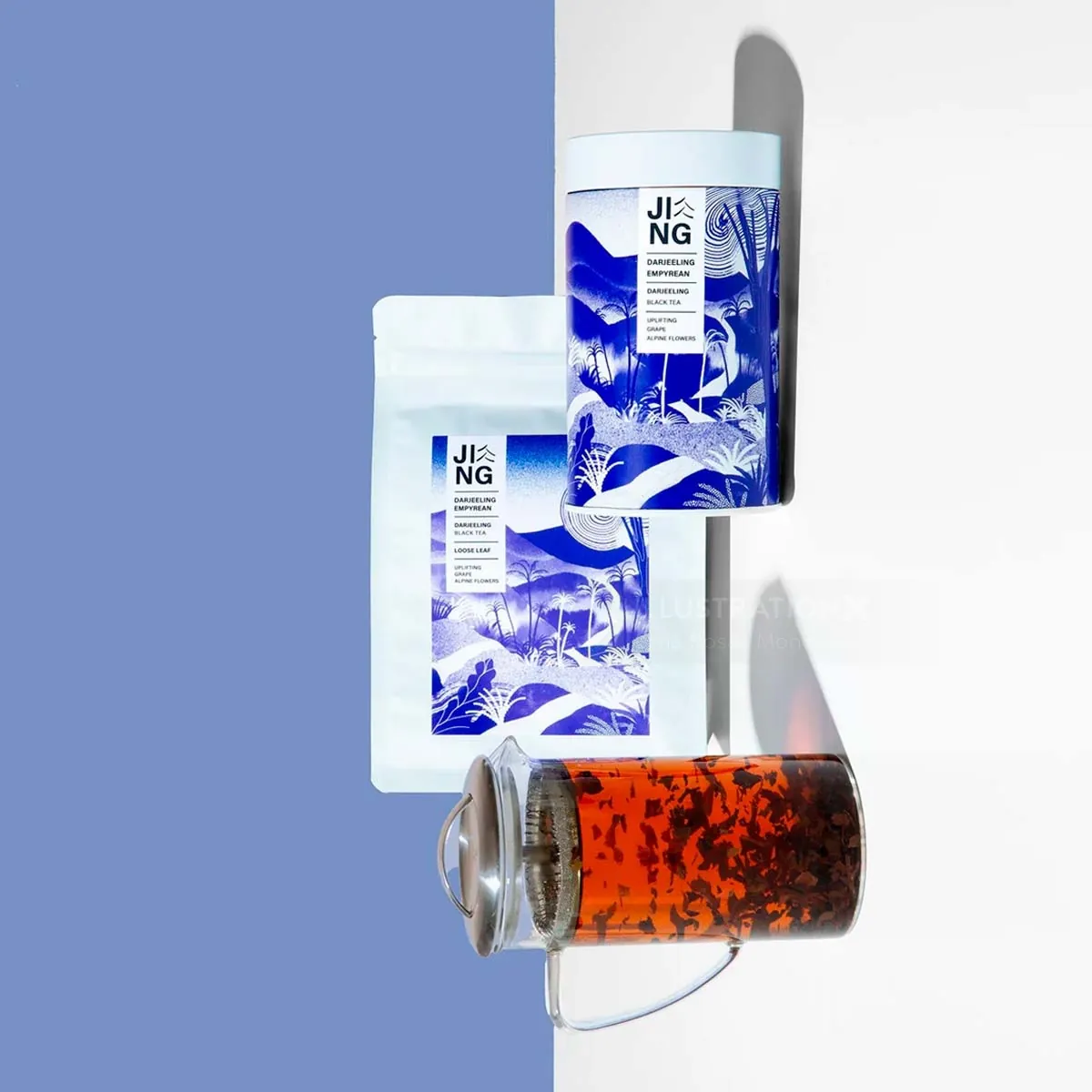 Tea packaging and glass cup with brewed tea by Gina Rosas Moncada