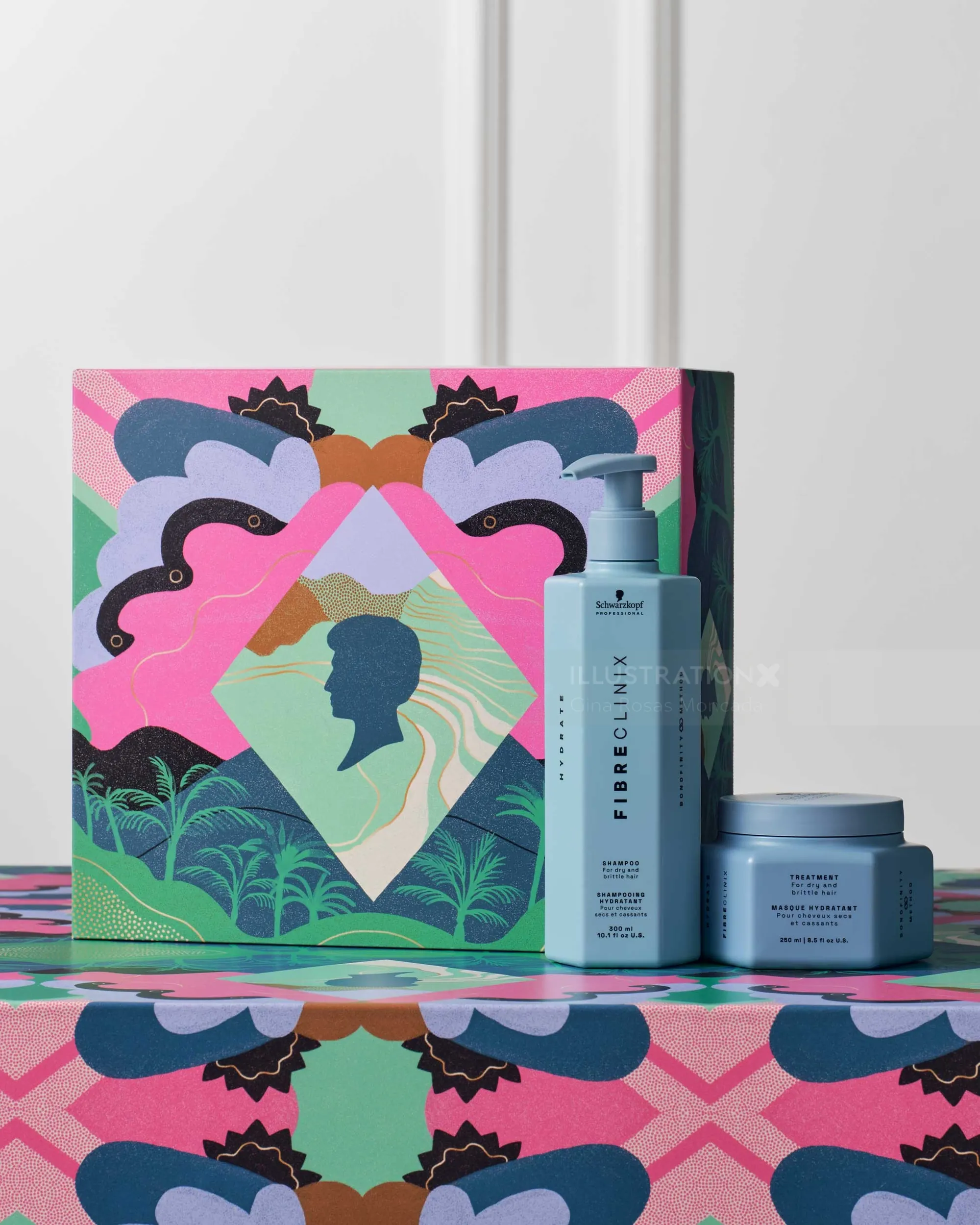 Gift set with lotion bottle and cream jar in colorful gift box by Gina Rosas Moncada