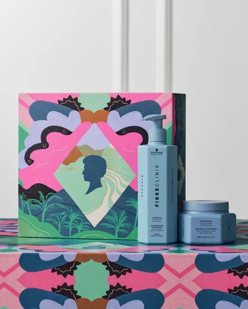 Gift set with lotion bottle and cream jar in colorful gift box by Gina Rosas Moncada