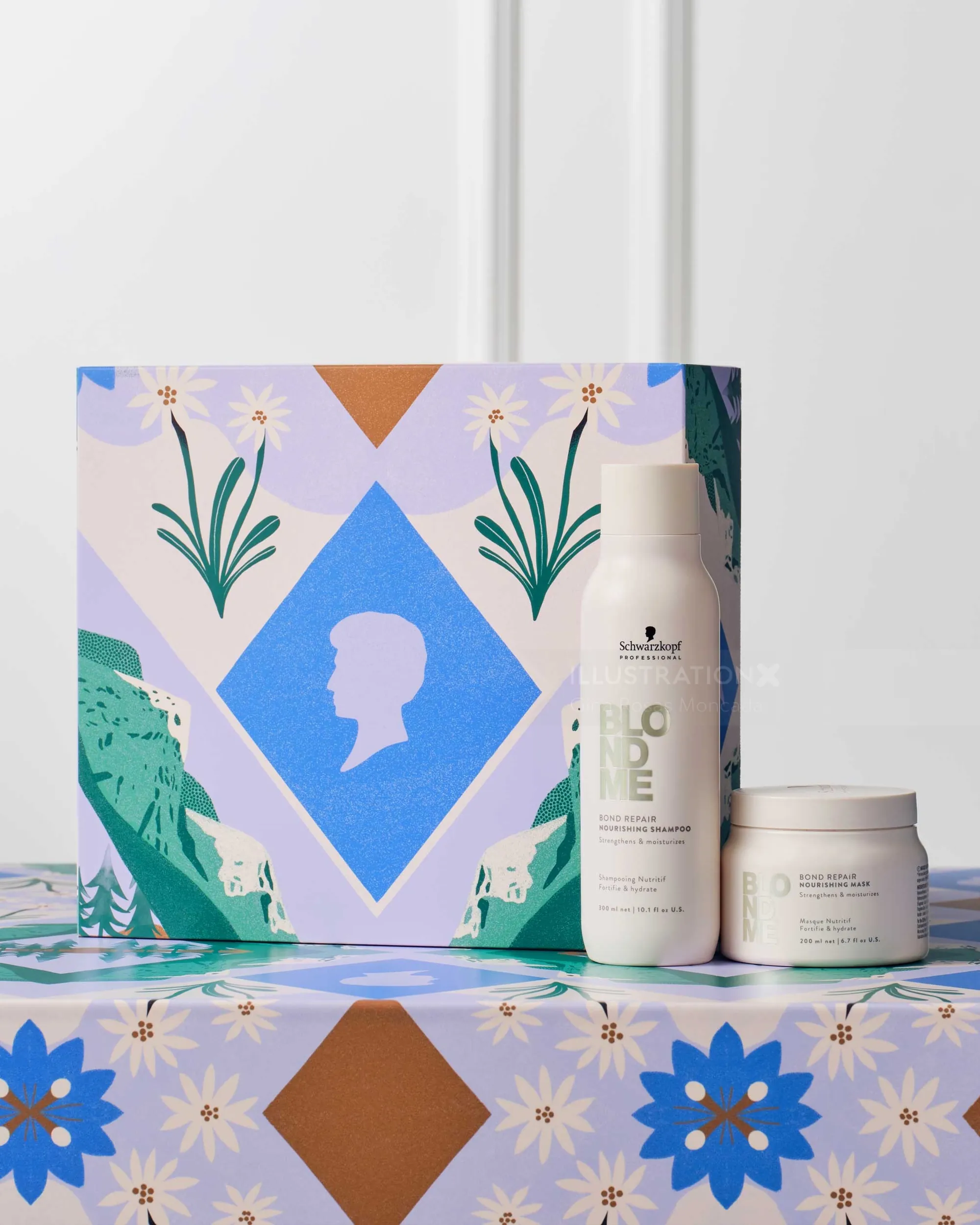 Hair care products next to decorative box with floral and silhouette designs by Gina Rosas Moncada