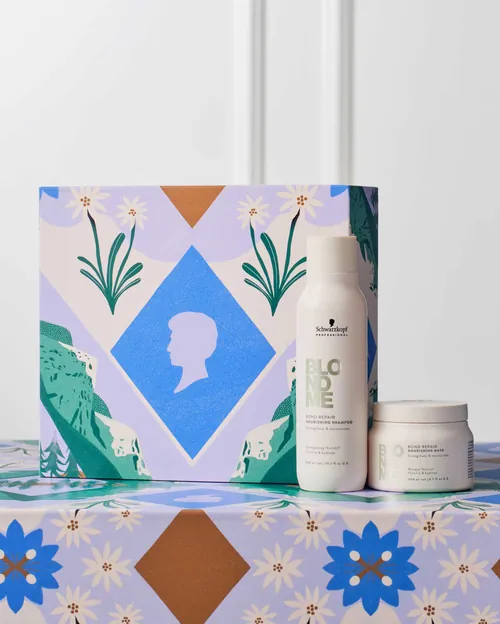 Hair care products next to decorative box with floral and silhouette designs by Gina Rosas Moncada