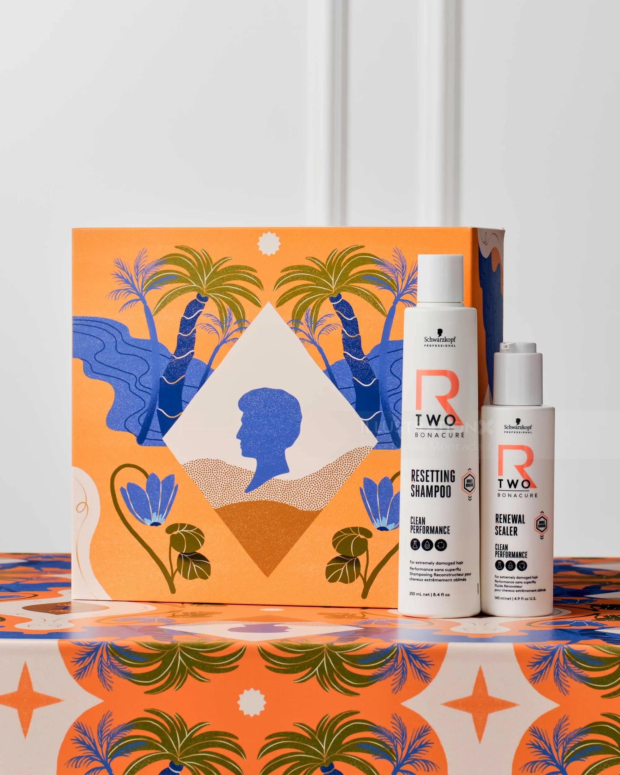 Hair care shampoo and conditioner bottles with tropical artwork by Gina Rosas Moncada