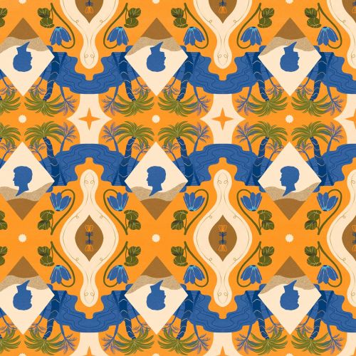 Abstract colorful repeating pattern with blue silhouette profiles by Gina Rosas Moncada
