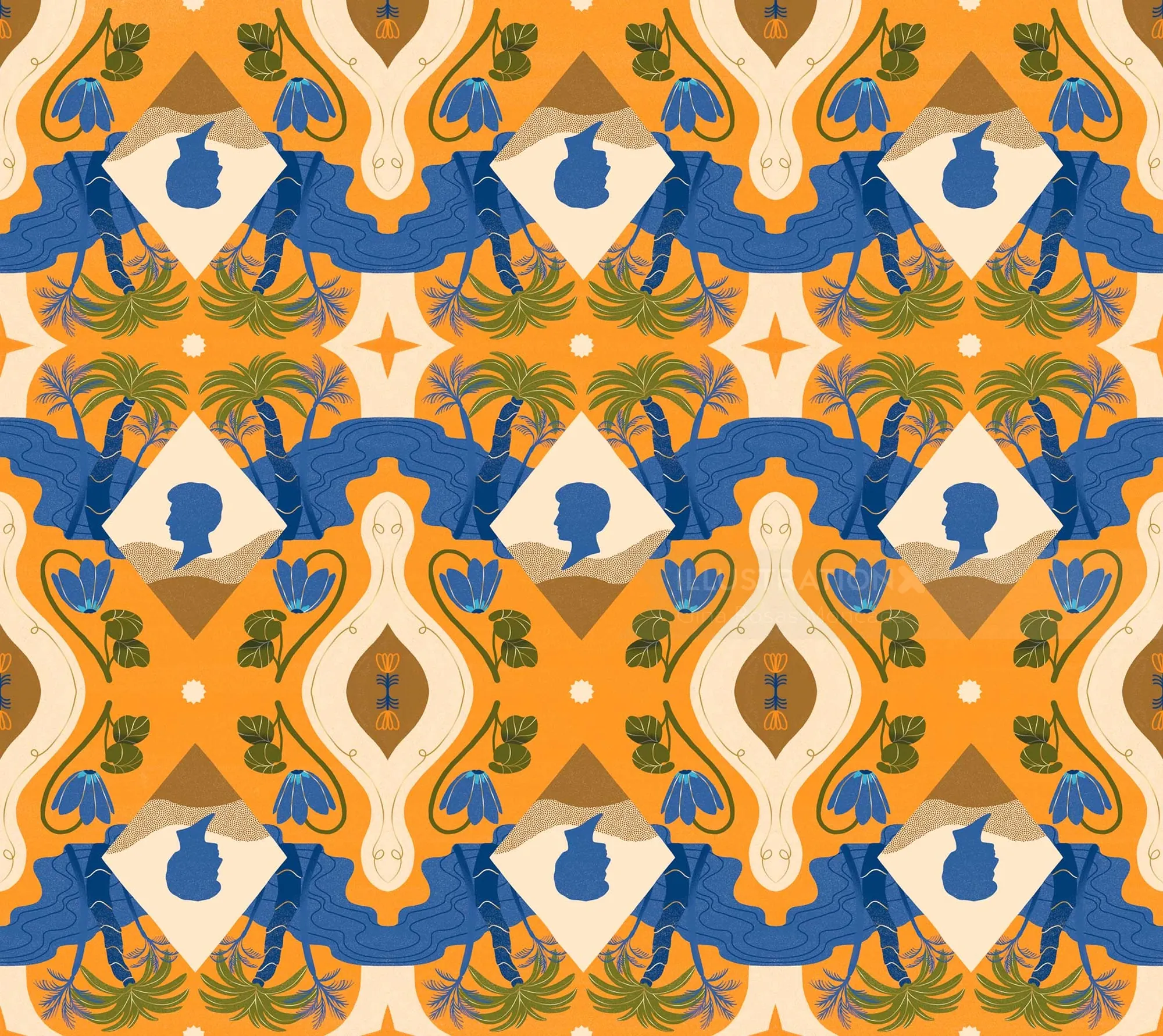 Abstract colorful repeating pattern with blue silhouette profiles by Gina Rosas Moncada