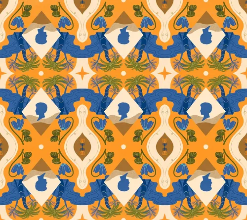 Abstract colorful repeating pattern with blue silhouette profiles by Gina Rosas Moncada