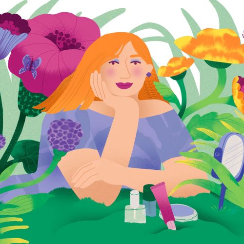 Illustration of a woman relaxing in colorful flowers by Gina Rosas Moncada