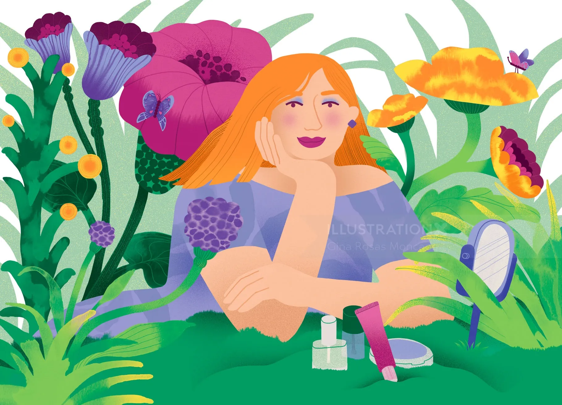 Illustration of a woman relaxing in colorful flowers by Gina Rosas Moncada