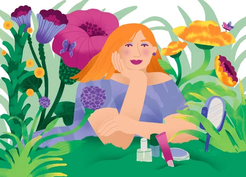 Illustration of a woman relaxing in colorful flowers by Gina Rosas Moncada