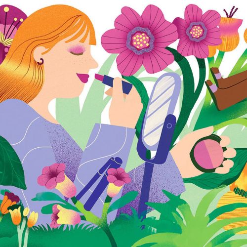 Gina Rosas Moncada 创作的色彩鲜艳的女子抱着婴儿，身边环绕着鲜花的画作