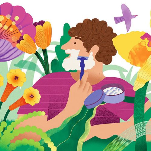 色彩缤纷的花园景色，描绘了两个人和鲜艳的花朵，作者是Gina Rosas Moncada
