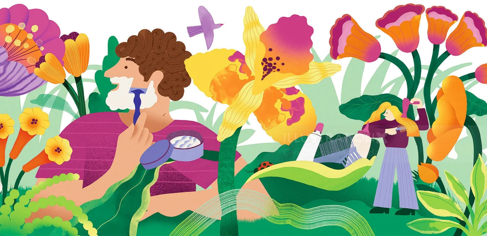 Colorful garden scene with two people and vibrant flowers by Gina Rosas Moncada