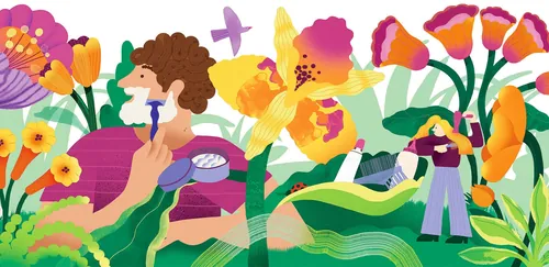 Colorful garden scene with two people and vibrant flowers by Gina Rosas Moncada