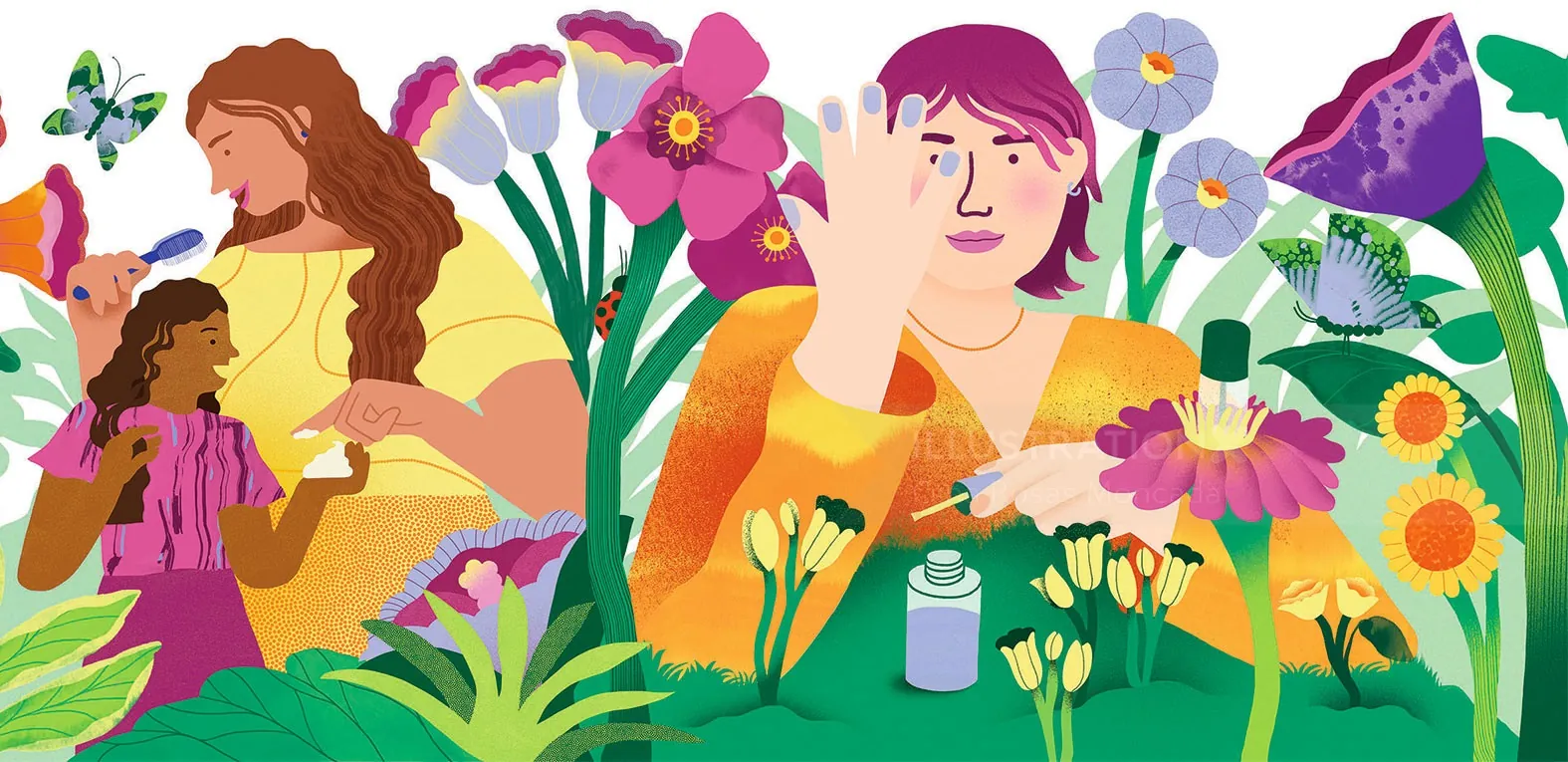 Colorful illustration of diverse people and flowers by Gina Rosas Moncada