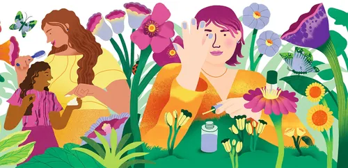 Colorful illustration of diverse people and flowers by Gina Rosas Moncada