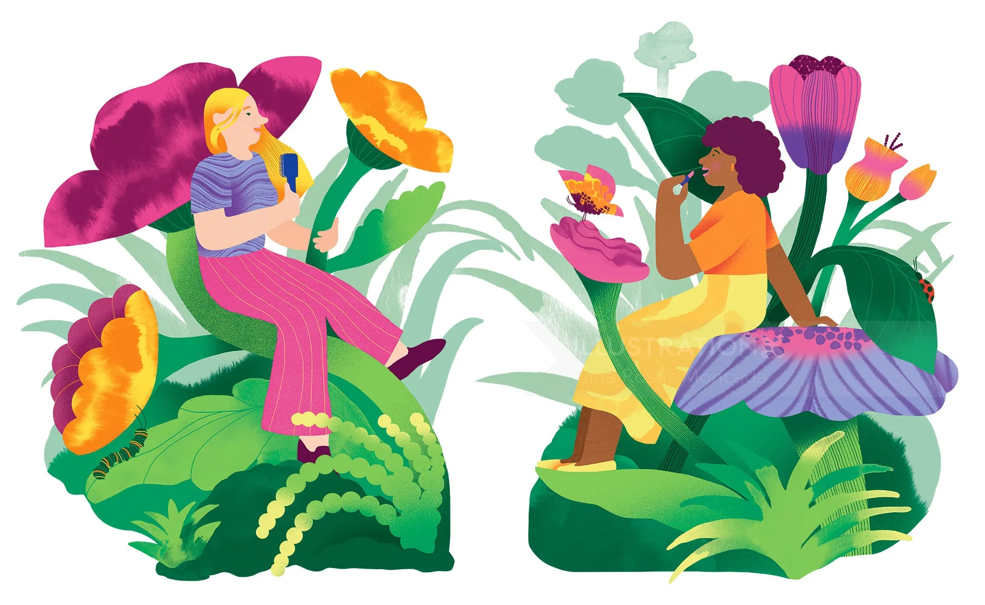 Illustration of two women among large colorful flowers by Gina Rosas Moncada