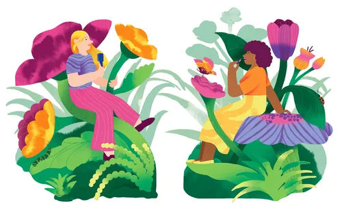 Illustration of two women among large colorful flowers by Gina Rosas Moncada