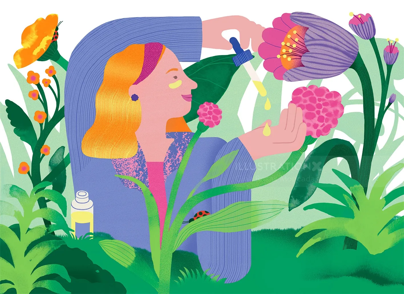 A person using a dropper with plants and flowers around, illustration by Gina Rosas Moncada