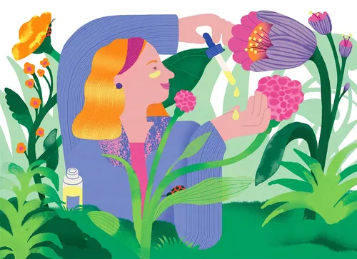 A person using a dropper with plants and flowers around, illustration by Gina Rosas Moncada