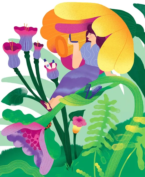 Woman sitting inside a giant yellow flower among oversized colorful plants by Gina Rosas Moncada