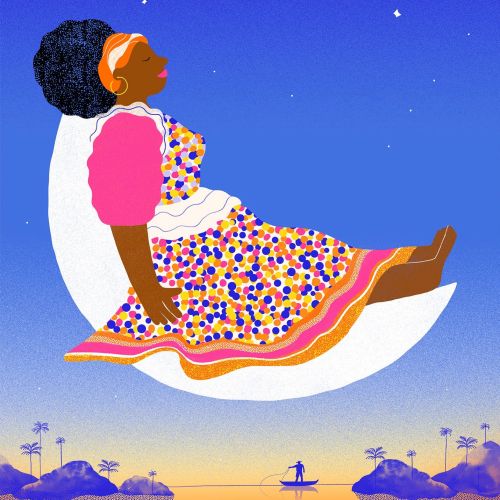 Colorful illustration of a woman sitting on a crescent moon in a starry sky by Gina Rosas Moncada