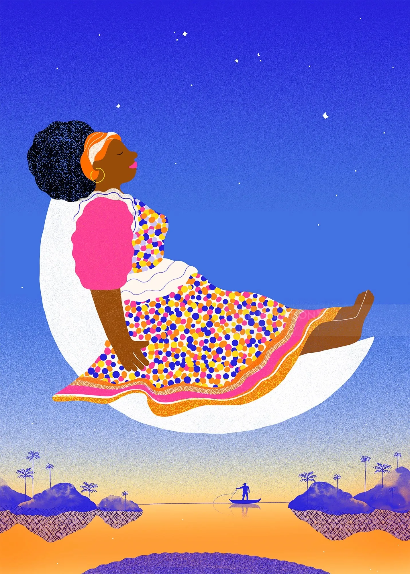 Ilustração colorida de uma mulher sentada em uma lua crescente sob um céu estrelado, por Gina Rosas Moncada