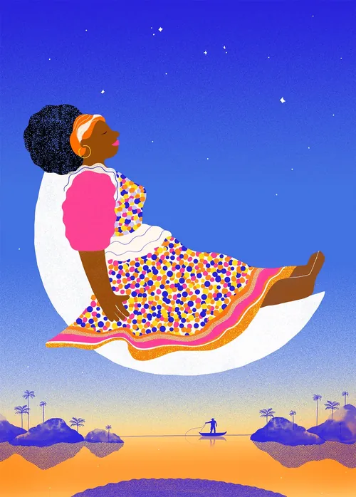 Farbenfrohe Illustration einer Frau, die auf einer Mondsichel im Sternenhimmel sitzt, von Gina Rosas Moncada